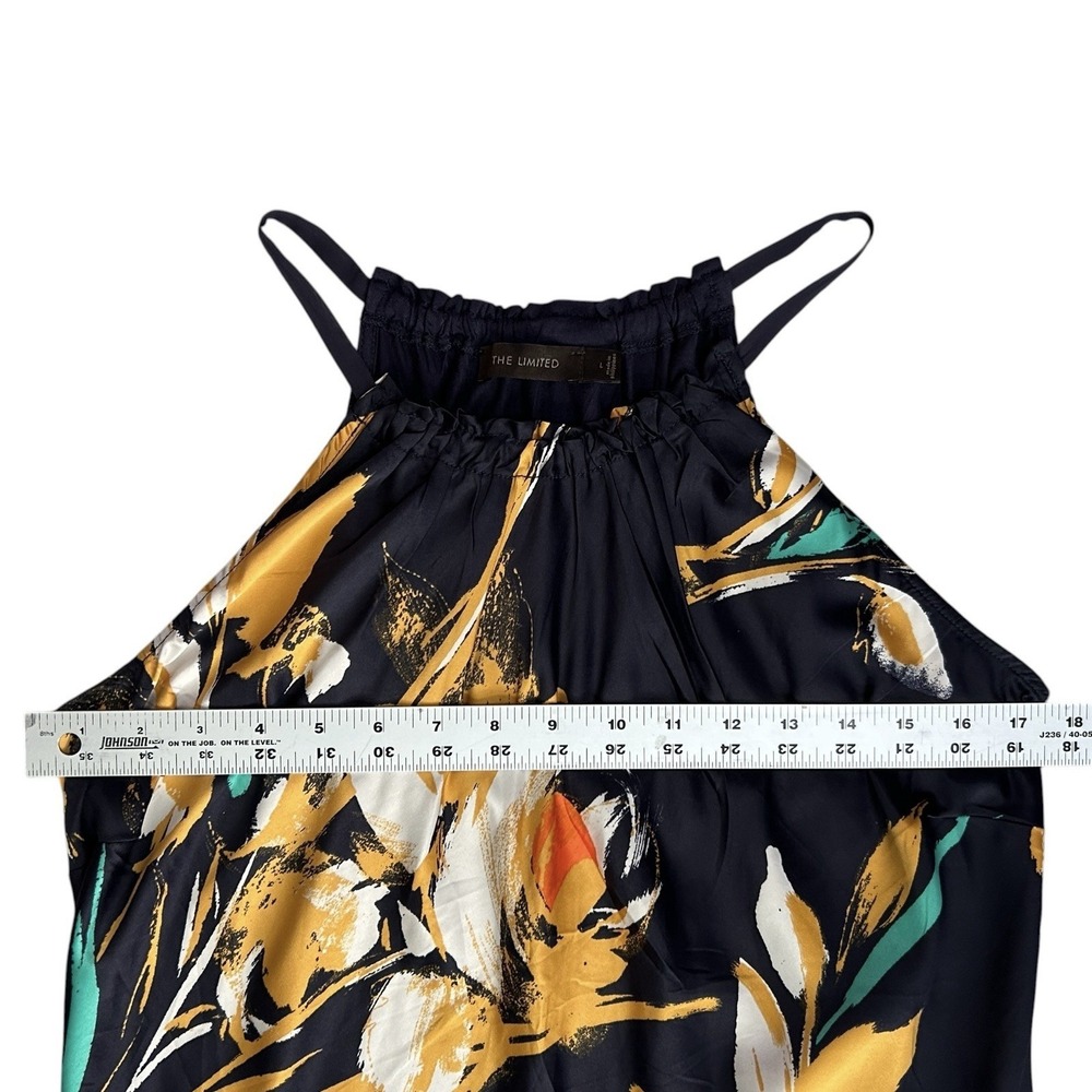 THE LIMITED Floral Halter Blouse sz L Dark Navy Yellow Sleeveless Satin Front - Picture 4 of 9